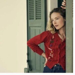 Doen Forget Me Not Cardigan Embroidered Sweater Red Sz M